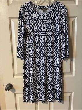 Tommy Bahama Navy and White Geometric Long Sleeve Dress